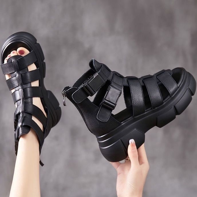 Kenike female leather hollow-out platform sandals with retro style, featuring open toes and stylish design for women.