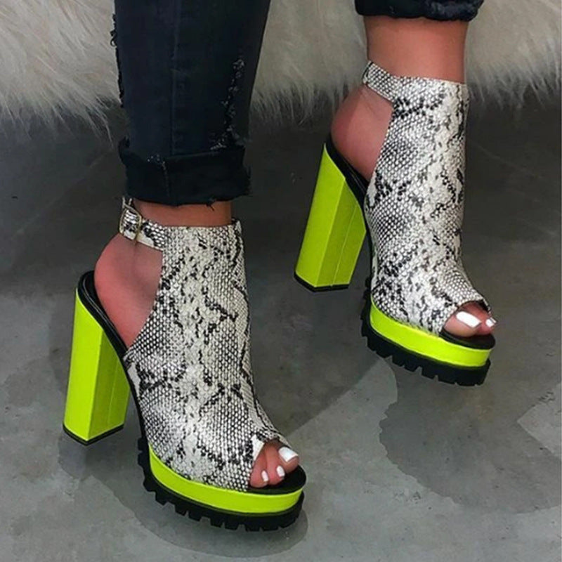 Kenike fashion leopard fish mouth high heel sandals with open toe design and ankle strap, stylish and bold footwear for women.