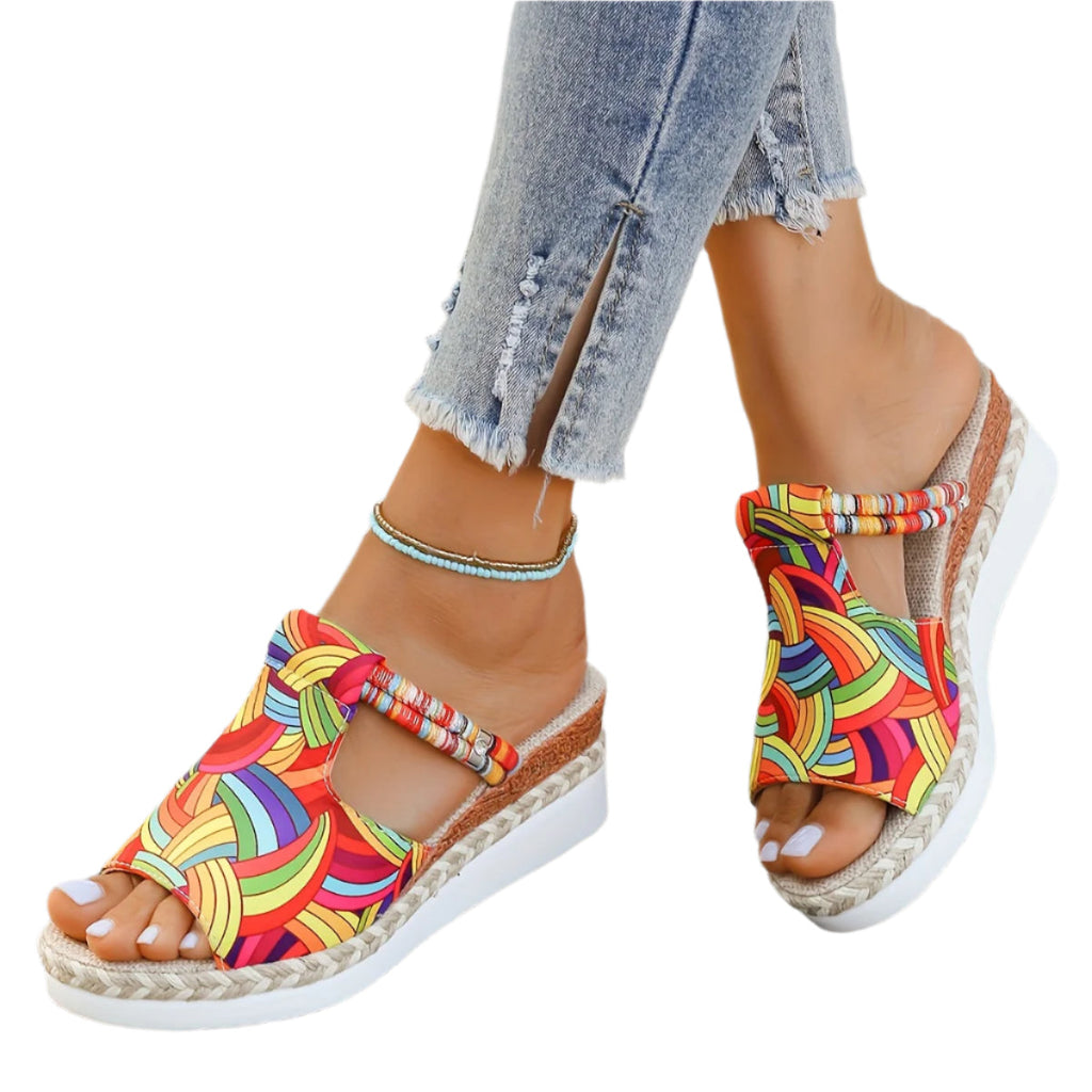 Women's colorful graffiti wedge sandals by Kenike with slip-on espadrille style, braided details, high heel platform for beach outings.