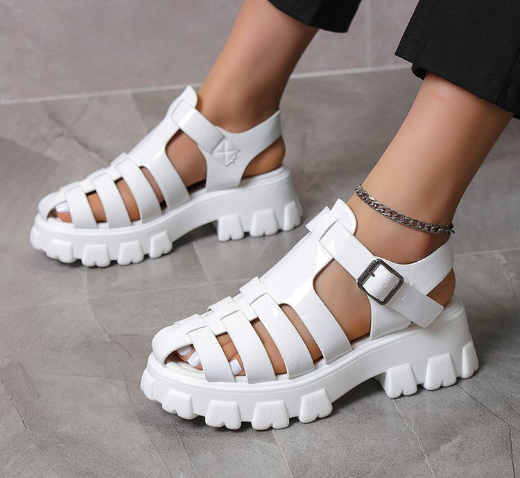 Kenike women's casual mid heel buckle strap platform Roman sandals with open toe and stylish design.