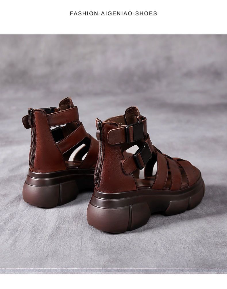 Kenike women's leather hollow-out platform sandals with retro style, featuring open toe design and chunky heel, perfect for summer fashion.