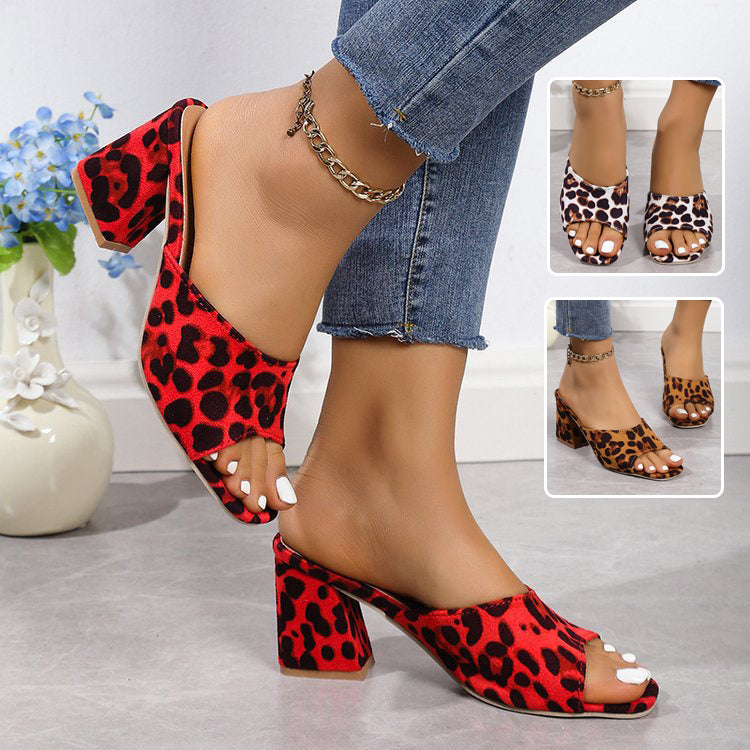 Leopard print square toe high-heeled sandals with chunky heel for women, summer stylish slippers by Kenike