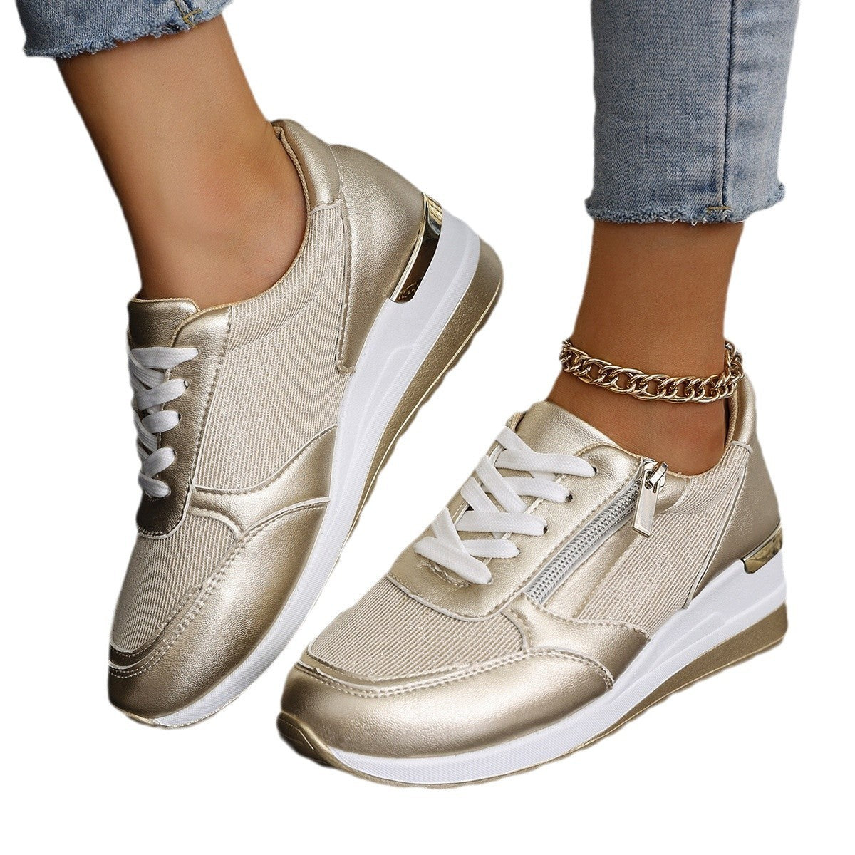 Women's Lace-up Casual Shoes FFashion Side Zipper Design Thick-soled Shoes Walking Running Sports Sneakers