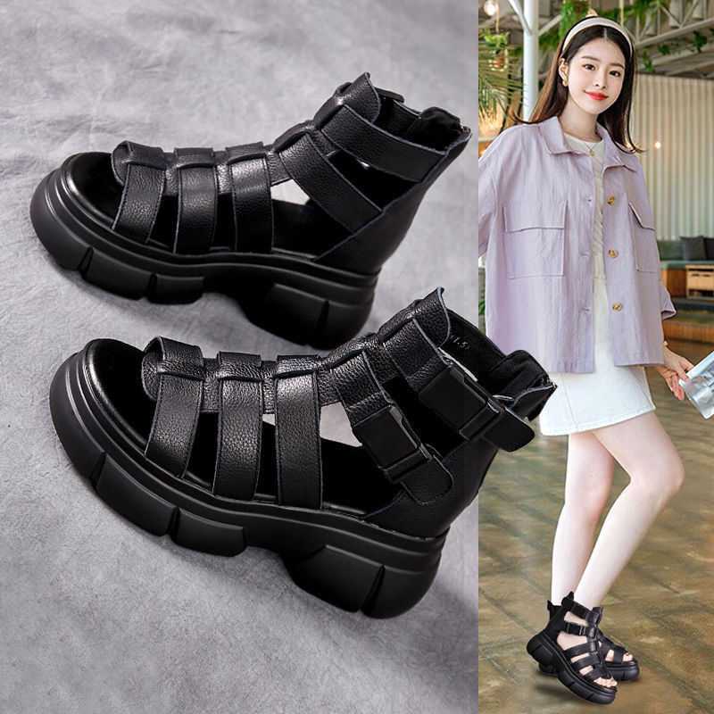 Kenike female leather hollow-out platform sandals with retro style and stylish design, featuring open toe and ankle strap.