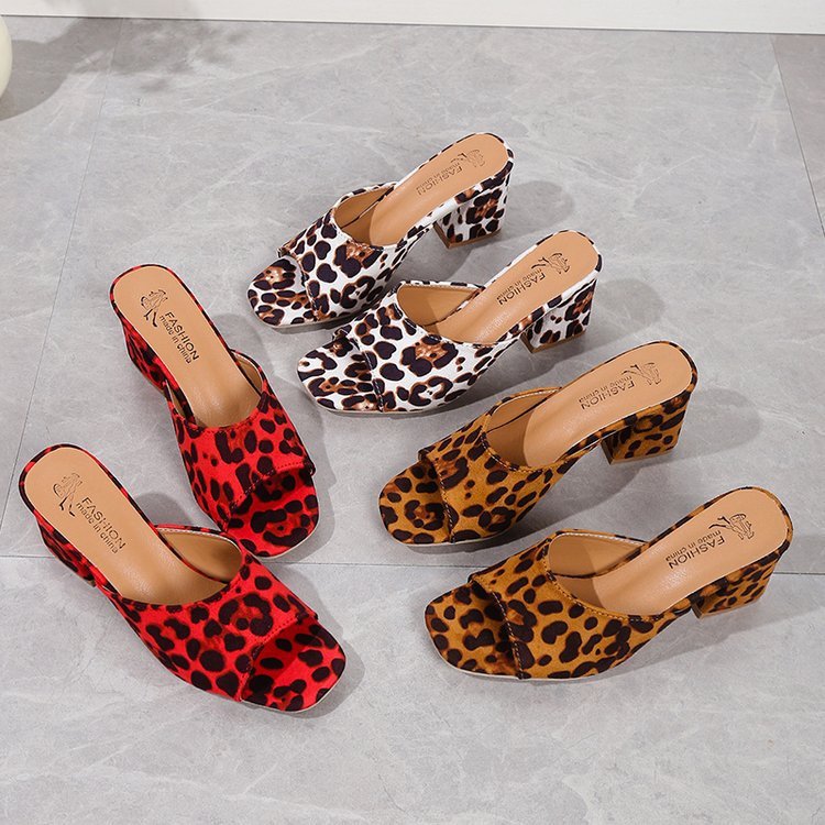 Leopard print square toe high-heeled sandals for women with chunky heels, designed by Kenike for summer fashion.