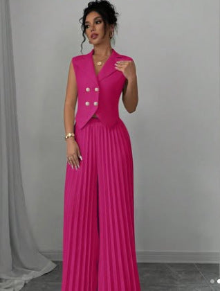 Summer Sleeveless Suit Fashion Lapel Button Vest Top And Pleated Straight Pants Women's Trousers Set Clothing