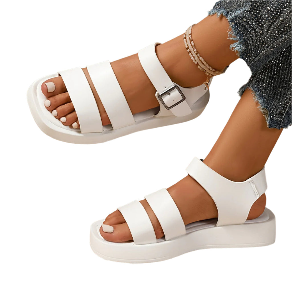 Women’s summer open toe platform sandals by Kenike featuring solid color design and buckle closure.