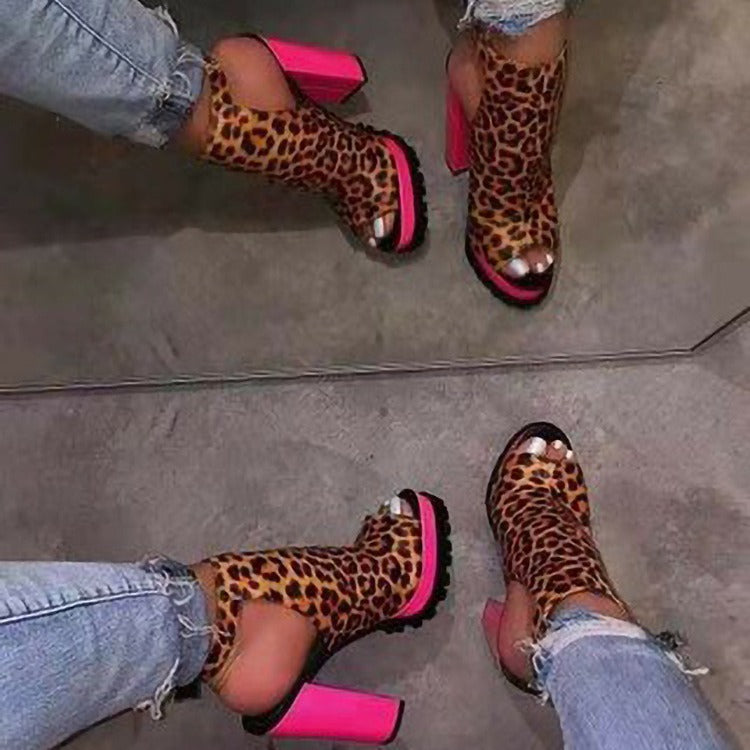 Kenike leopard print fashion fish mouth high heel sandals with open toes and stylish design.
