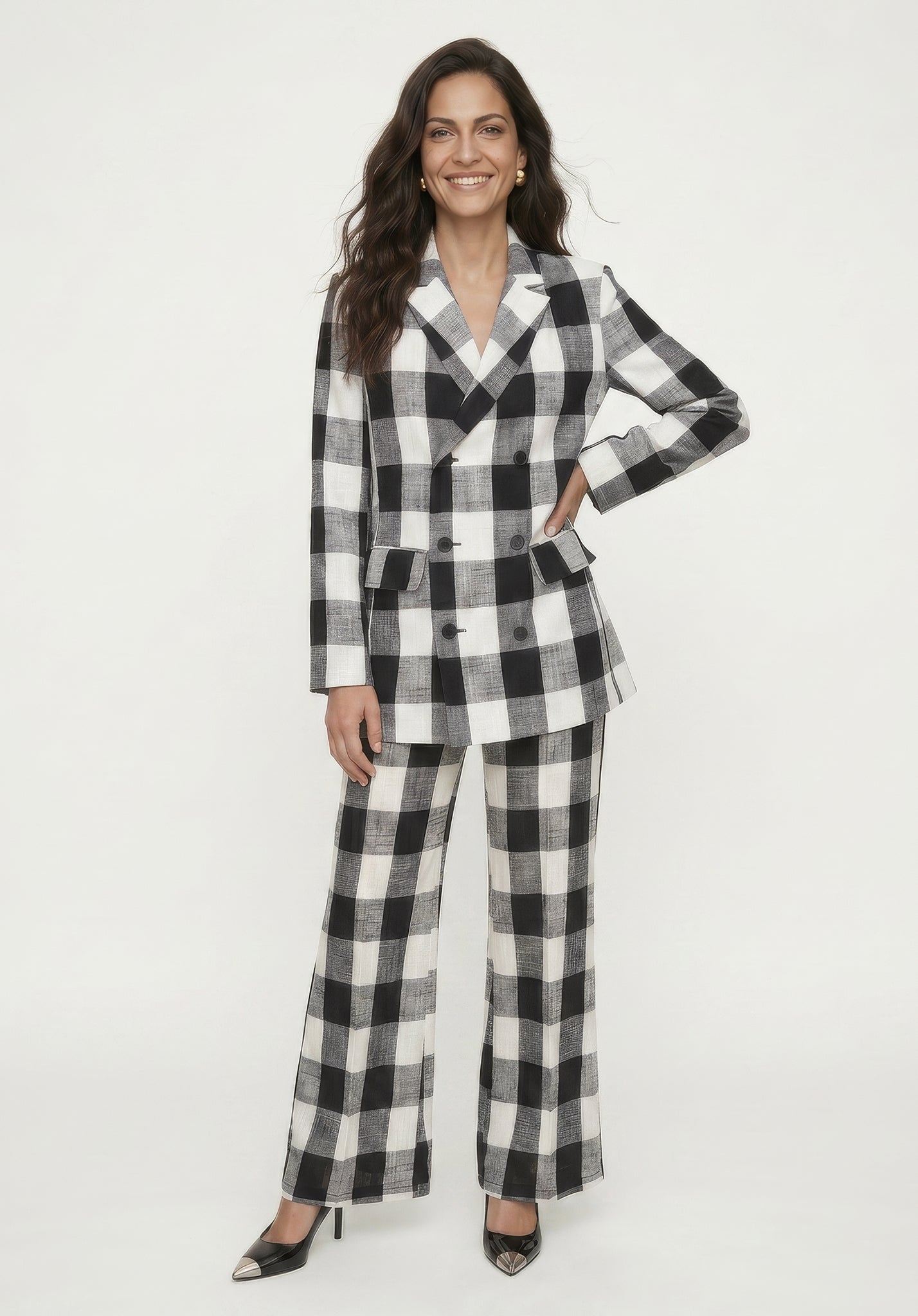 Zena Double Breasted Check Jacket in Black and White