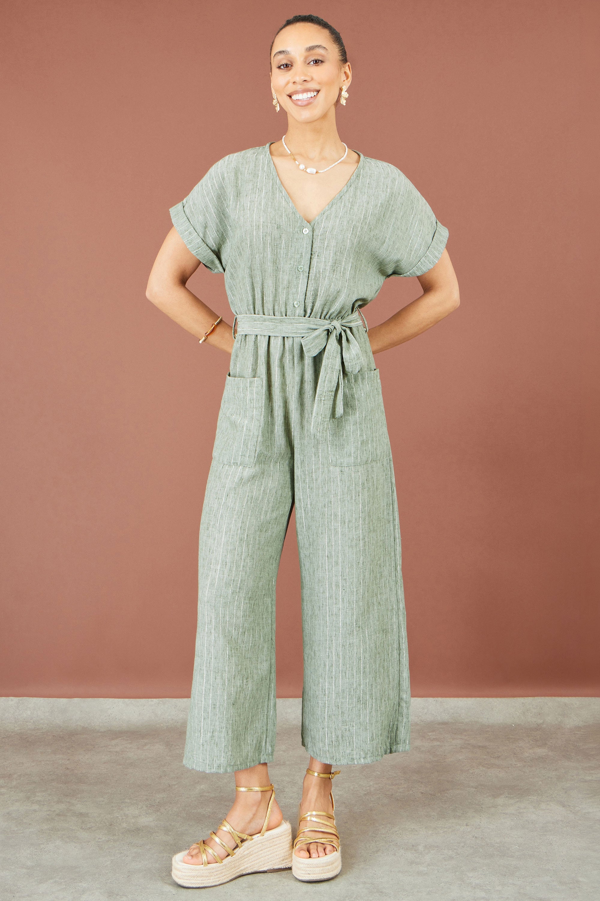 Yumi Green V Neck Kimono Sleeve Jumpsuit