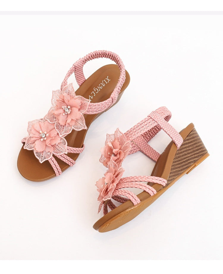 Kenike wedge Roman Bohemian floral vacation sandals with retro design, featuring colorful flower patterns and comfortable straps.