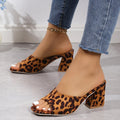 Kenike leopard square toe sandals with high heels, chunky heel slippers for women, summer fashion footwear.