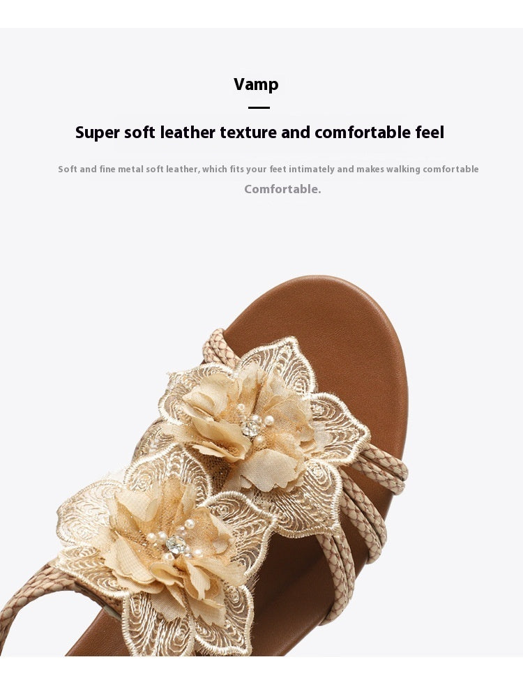 Kenike wedge Roman Bohemian retro flower vacation sandals with floral design, featuring a comfortable heel and stylish strap details.